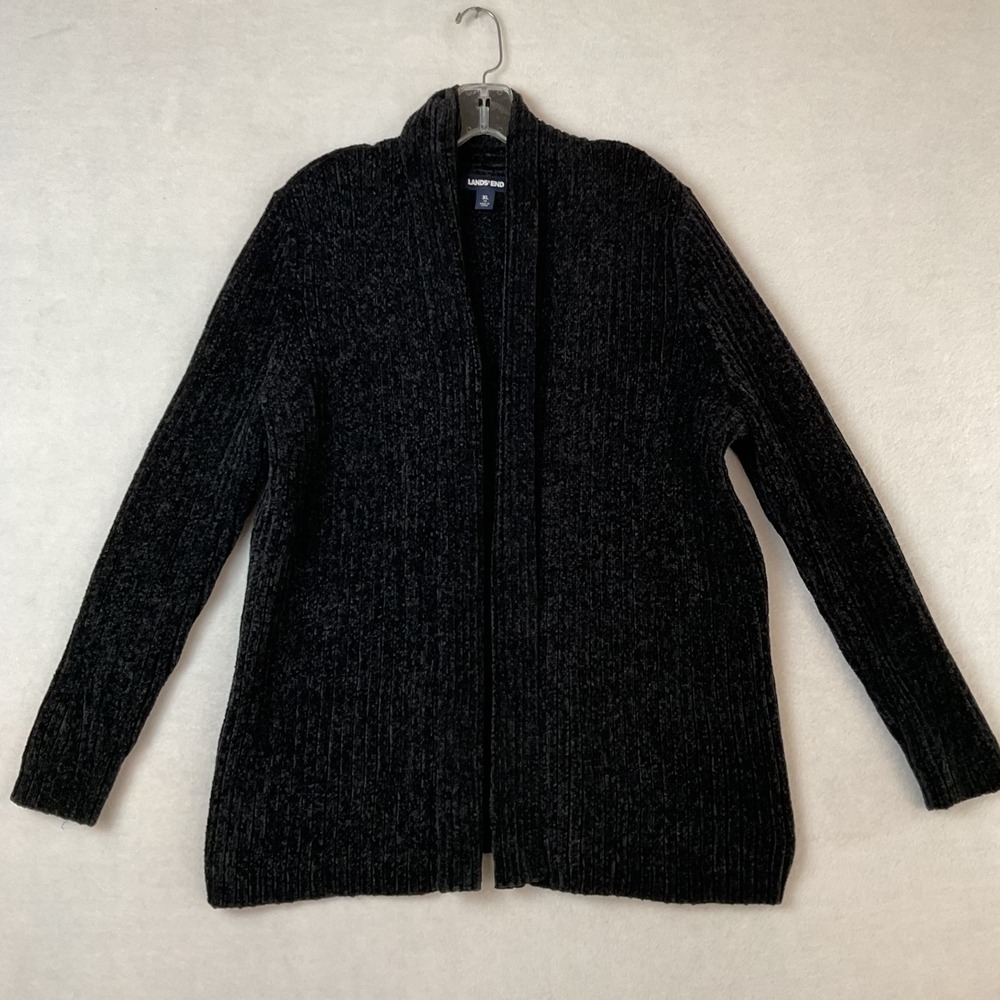 Lands End Womens XL Black Chenille Ribbed Open Front Shawl Cardigan Sweater